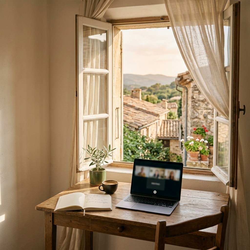Bureau près d'une fenêtre ouverte sur un village du sud de la France, avec un ordinateur portable en visioconférence