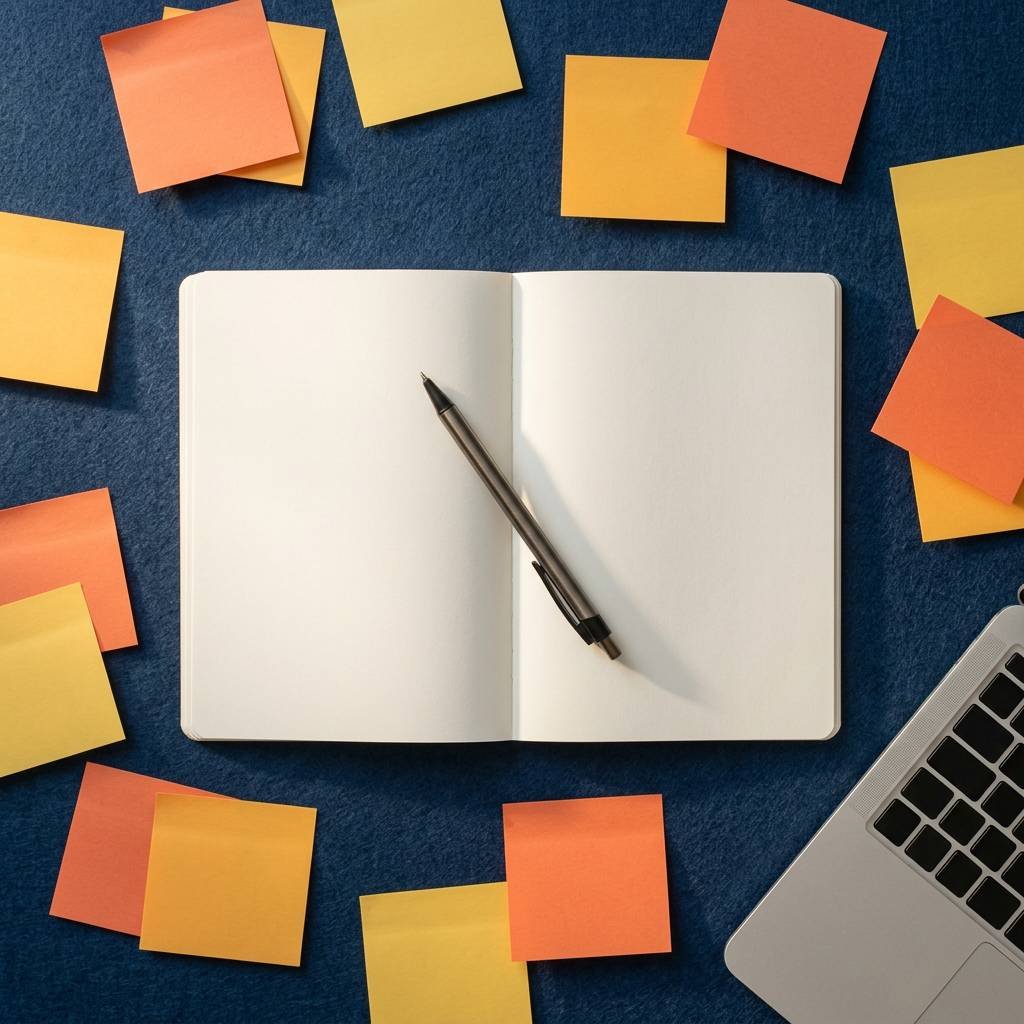 Carnet ouvert entouré de notes autocollantes organisées en carte mentale, symbolisant la diversité des situations professionnelles traitées
