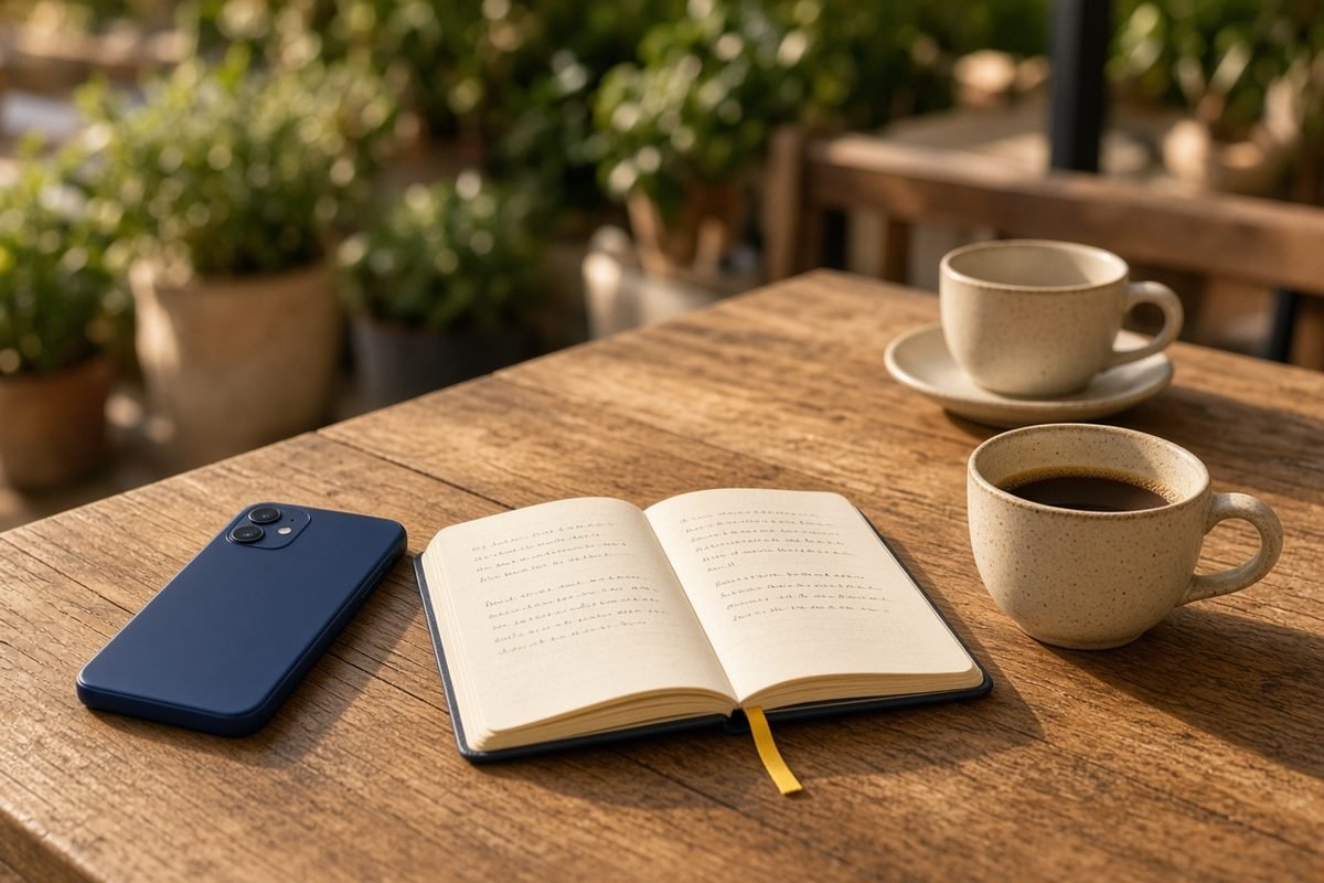 Téléphone posé à côté d'un carnet ouvert et de deux tasses de café sur une table en bois, symbolisant le premier échange