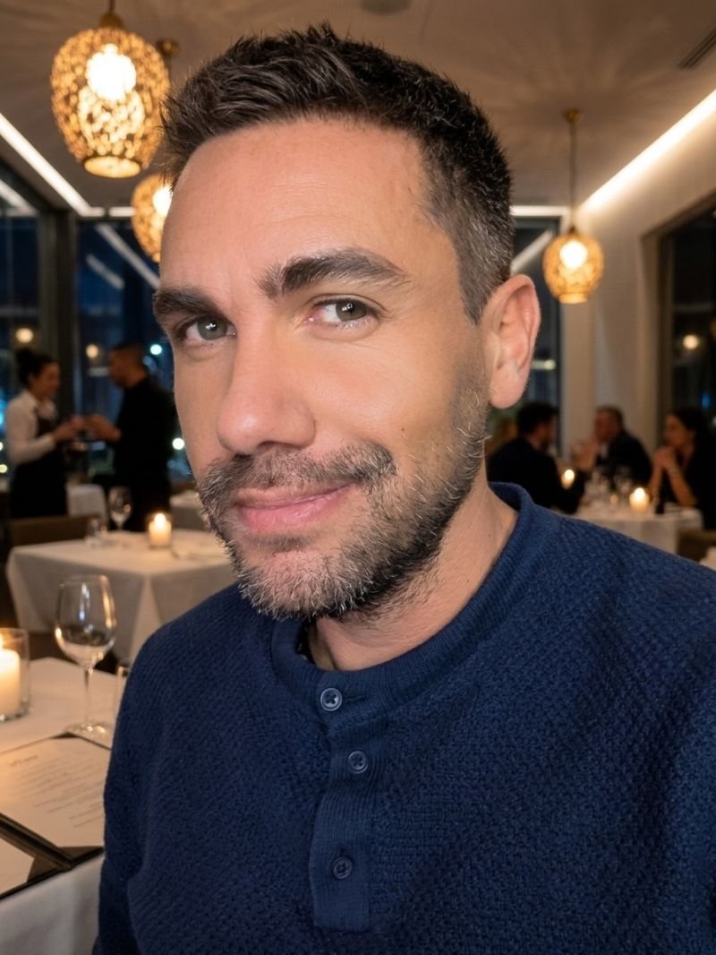 Portrait d'un homme au pull bleu marine, assis dans un restaurant aux lumières chaudes