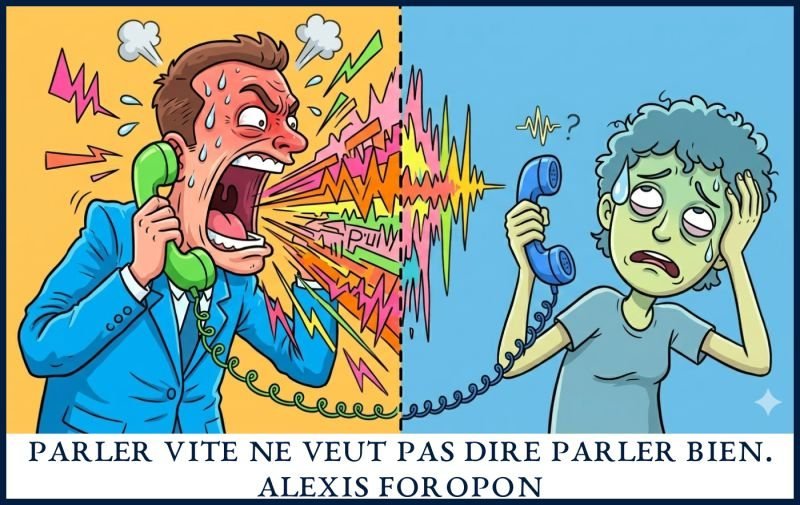 Illustration en deux parties. À gauche, un homme en costume crie au téléphone, en sueur. À droite, une personne épuisée tient le combiné éloigné de son oreille. Texte de l'image, Parler vite ne veut pas dire parler bien.