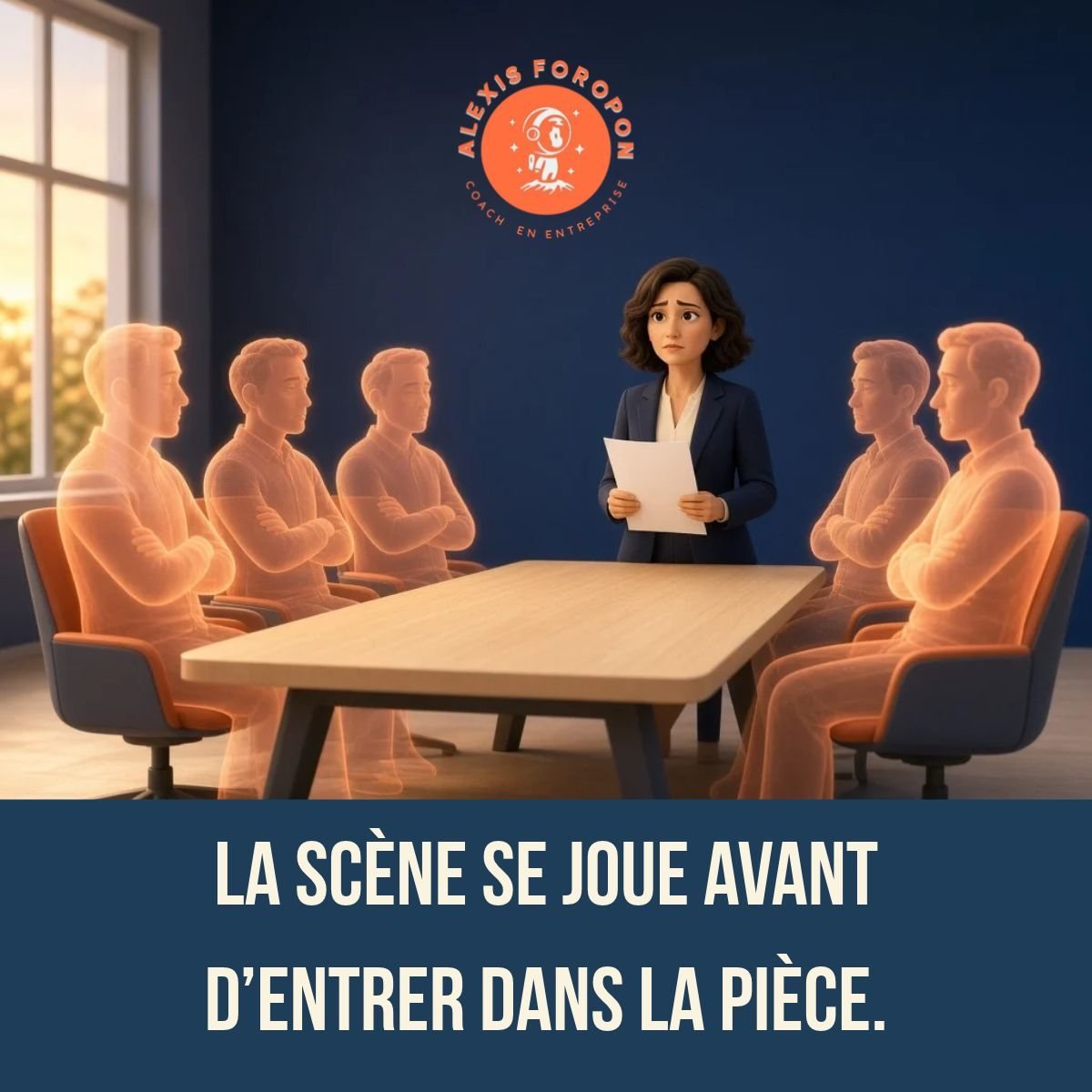Illustration d'une femme debout devant une table de réunion, une feuille à la main, face à cinq silhouettes orangées translucides aux bras croisés. Texte de l'image, La scène se joue avant d'entrer dans la pièce.