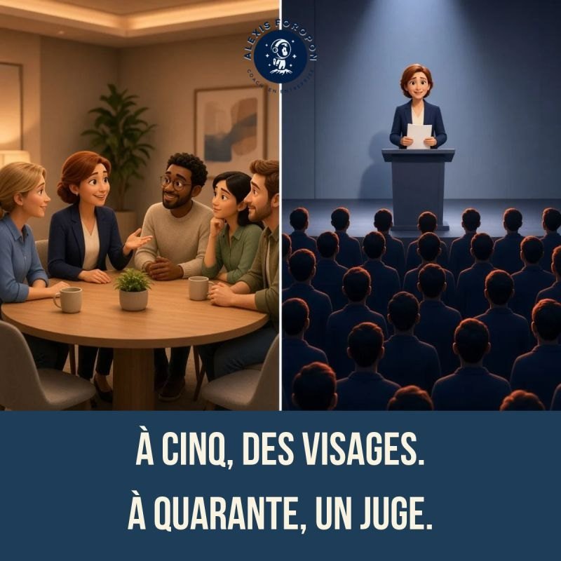 Illustration en deux parties. À gauche, une femme échange avec quatre collègues autour d'une table ronde. À droite, la même femme tient une feuille derrière un pupitre, face à une salle de spectateurs vus de dos. Légende, à cinq, des visages, à quarante, un juge.