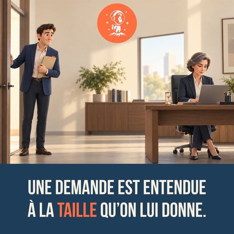 Illustration d'un homme qui attend à l'entrée d'un bureau pendant qu'une dirigeante travaille sur son ordinateur. Légende, une demande est entendue à la taille qu'on lui donne.