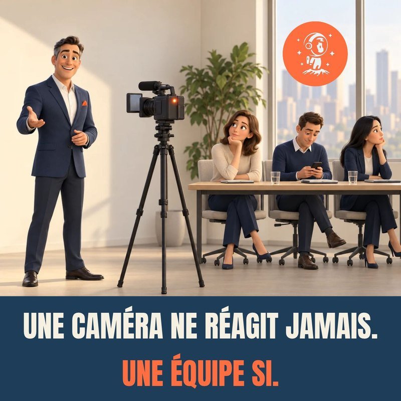 Illustration d'un homme qui s'adresse à une caméra sur trépied, devant trois collègues assis qui semblent s'ennuyer. Légende, une caméra ne réagit jamais, une équipe si.