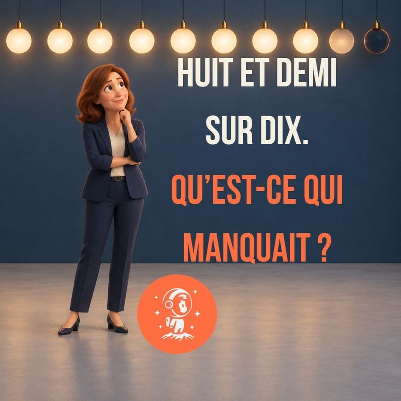 Illustration d'une femme qui réfléchit, la main au menton, devant une rangée d'ampoules dont la dernière est éteinte. Texte, huit et demi sur dix, qu'est-ce qui manquait ?