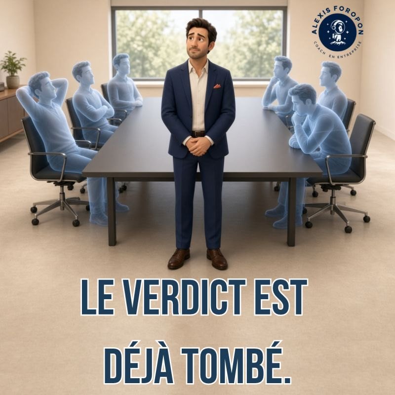 Illustration d'un homme debout au bout d'une table de réunion, entouré de silhouettes bleutées de collègues. Légende, le verdict est déjà tombé.