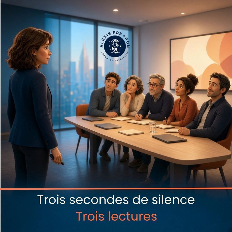Illustration d'une femme debout face à cinq collègues assis autour d'une table de réunion, qui la regardent en silence. Légende, trois secondes de silence, trois lectures.